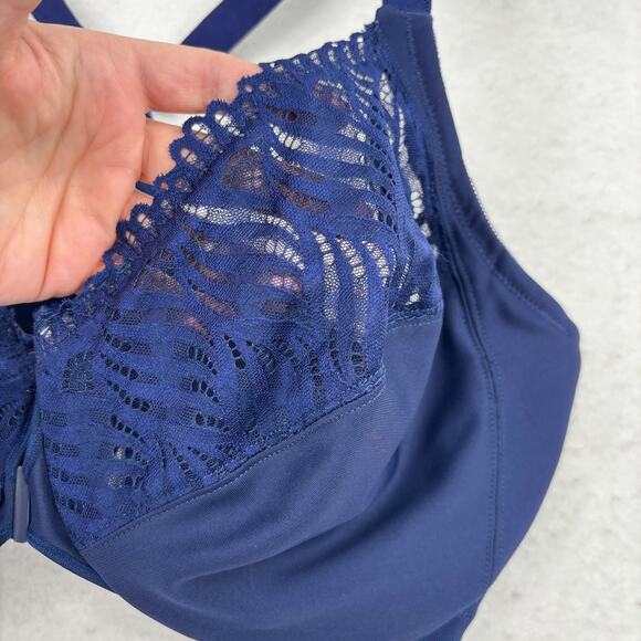 Glamorise Bra Size 38F Navy Blue Wonder Wire Front Close T-Back Lace Underwire - Picture 3 of 7